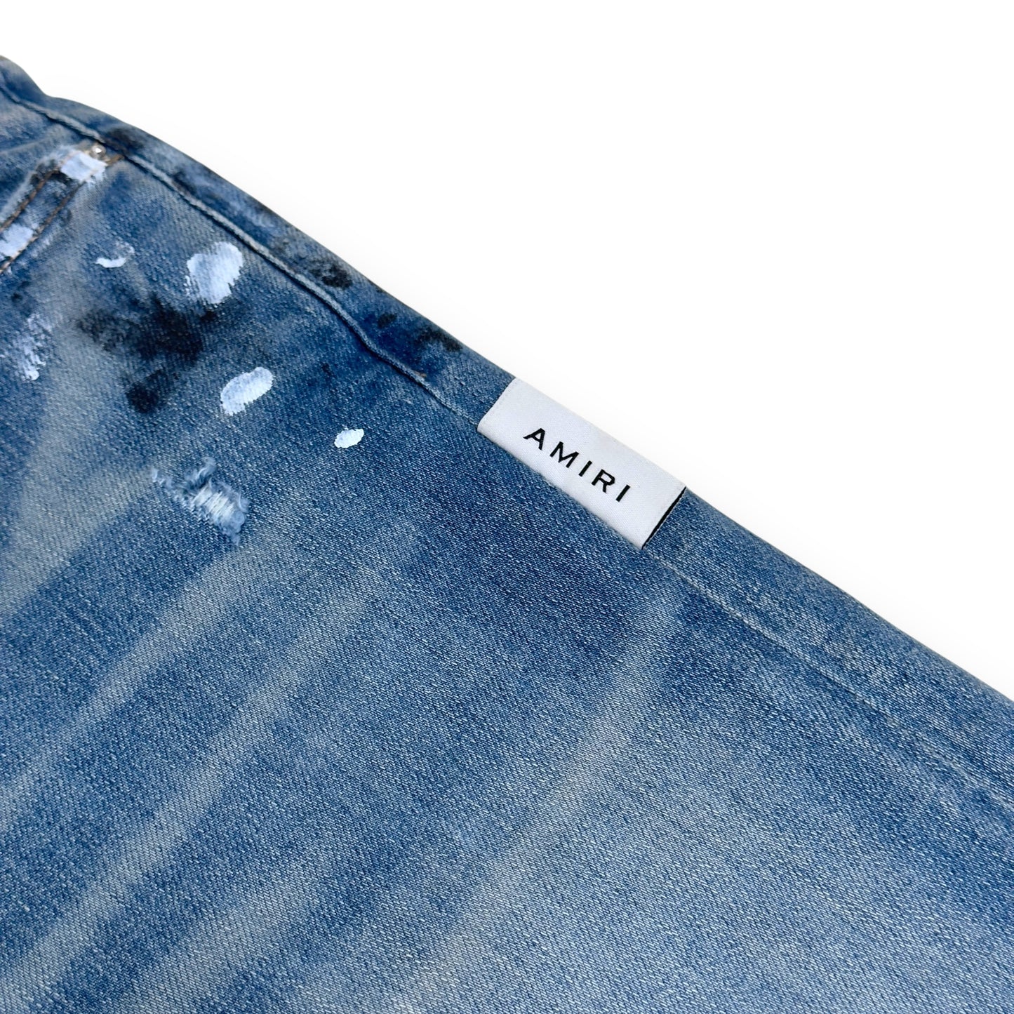 AMIRI PAINT SPLATTER FLARED DENIM JEANS BLUE W32”