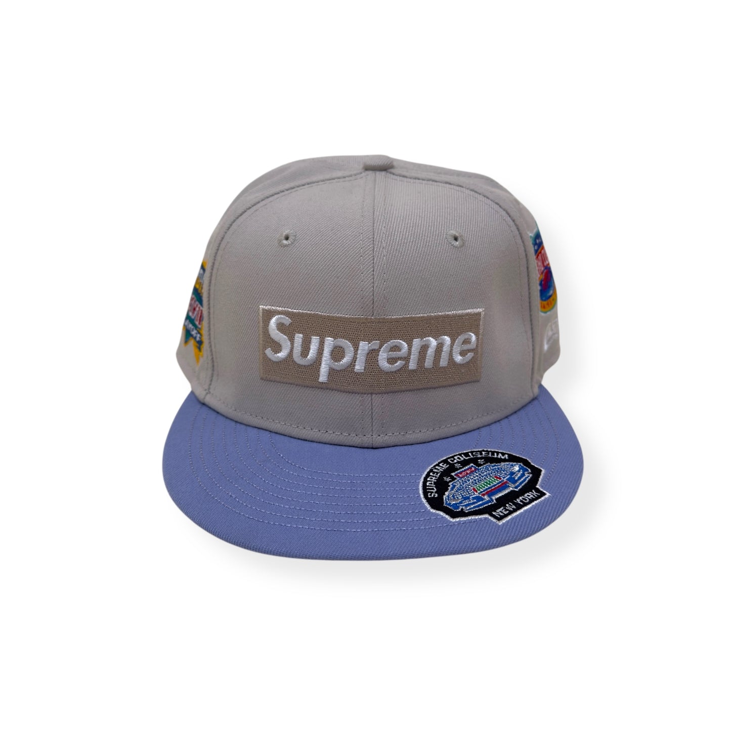 SUPREME CHAMPIONSHIP BOX LOGO NEW ERA FLAT CAP GREY / PURPLE