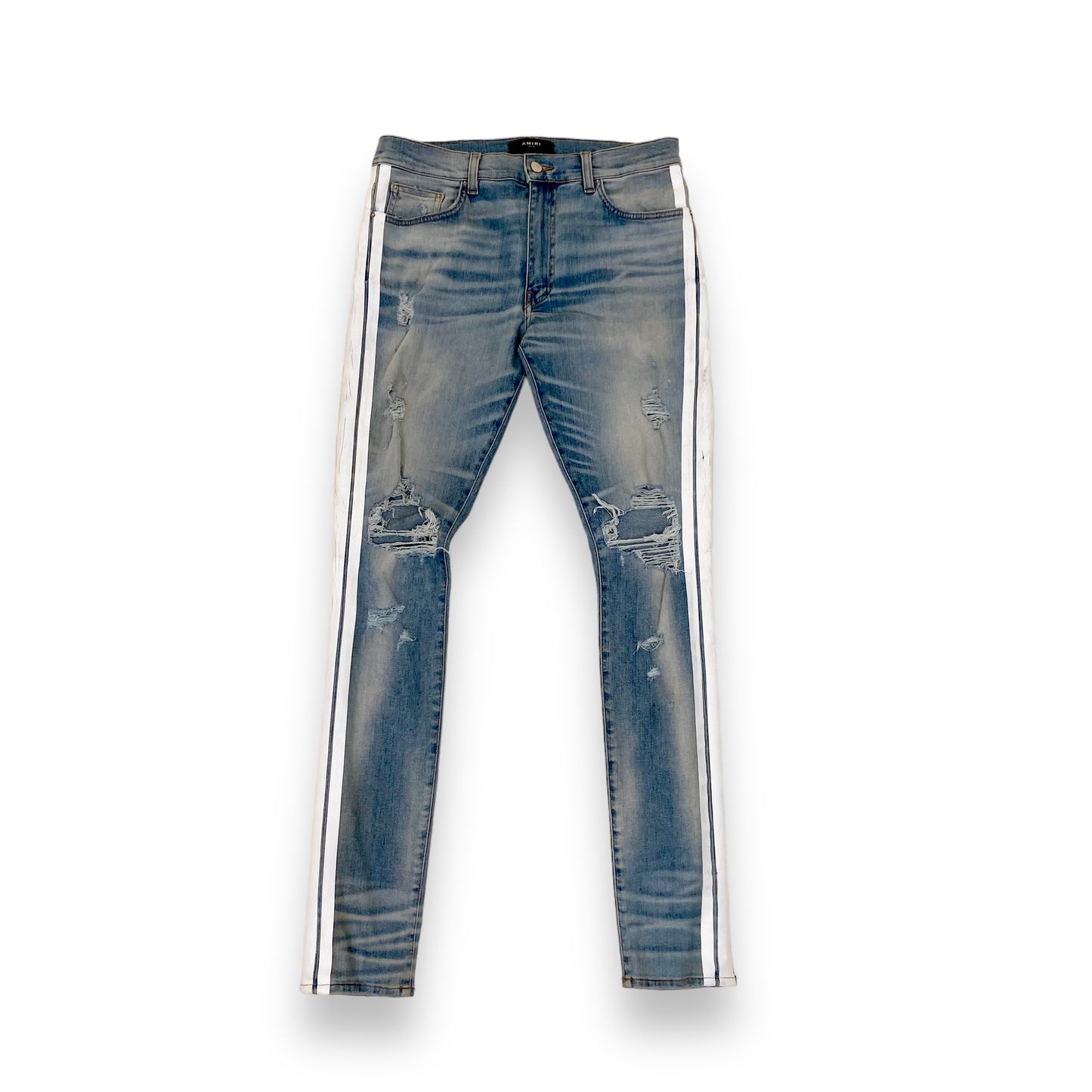 AMIRI DISTRESSED WHITE STRIPE JEANS BLUE 34W – Wylist