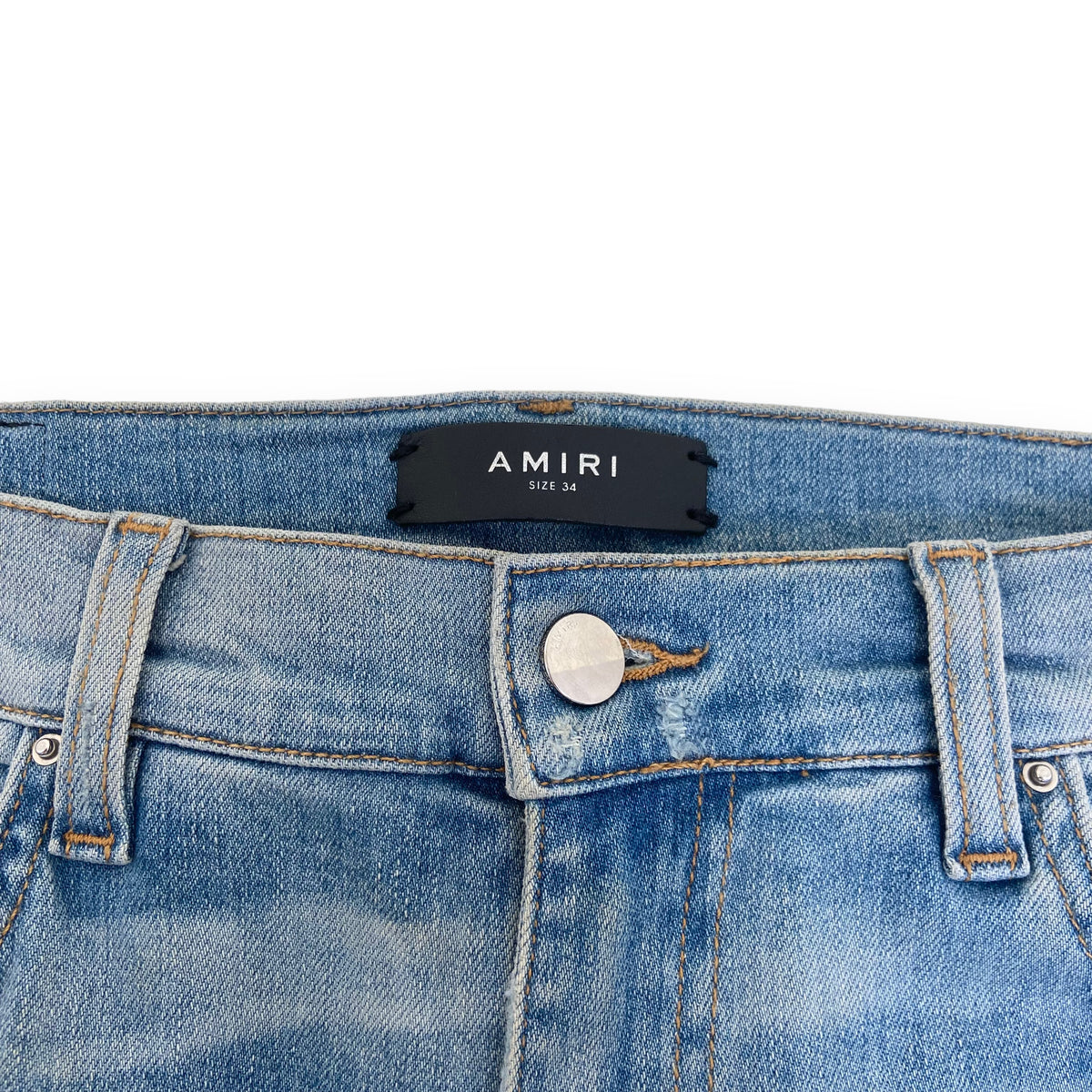 AMIRI DISTRESSED WHITE STRIPE JEANS BLUE 34W