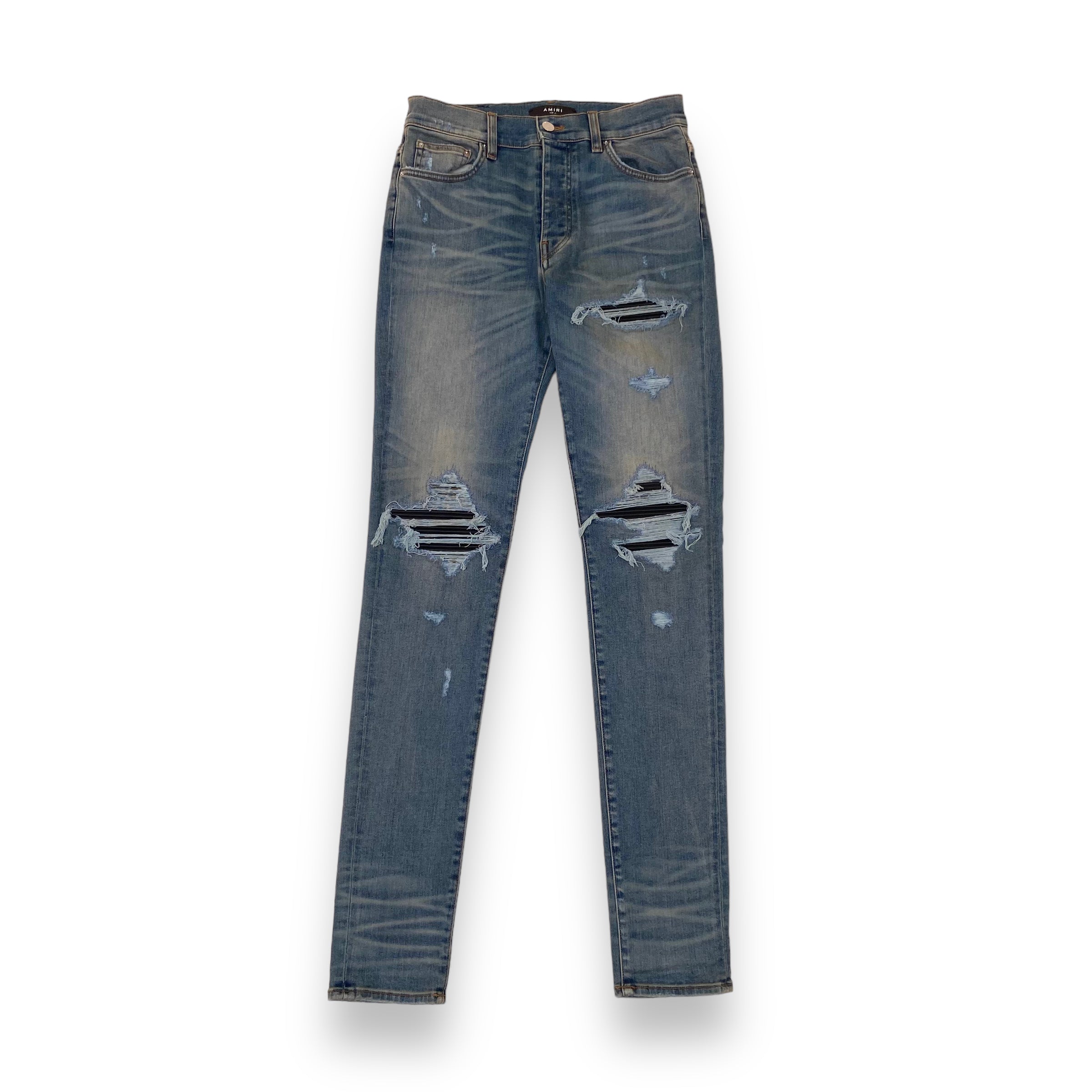AMIRI DISTRESSED LEATHER PATCH DENIM JEANS BLUE 31W