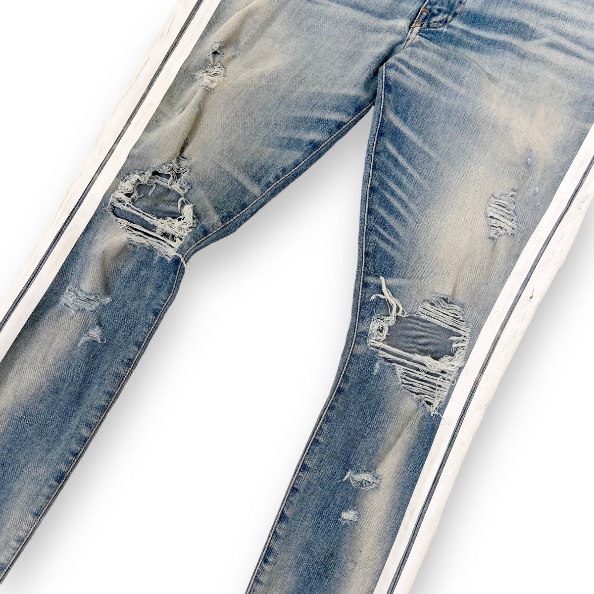 AMIRI DISTRESSED WHITE STRIPE JEANS BLUE 34W