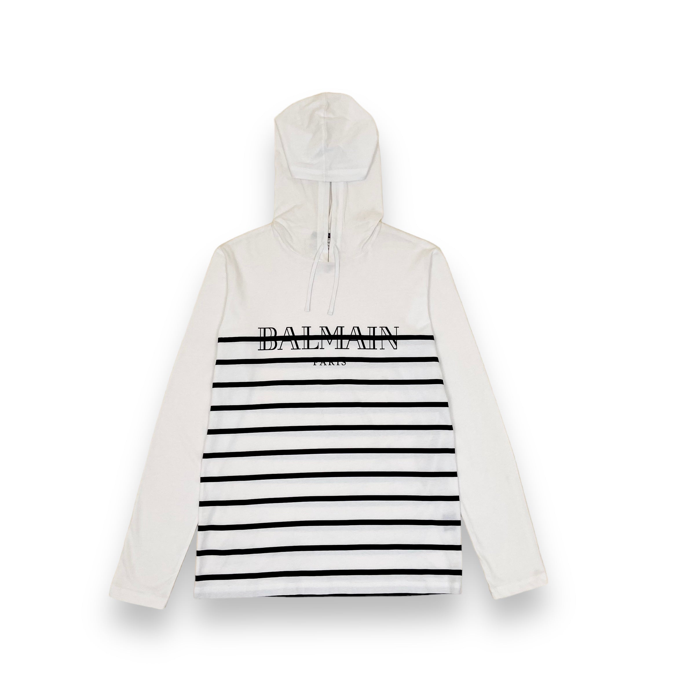 BALMAIN LONG SLEEVE HOODED T-SHIRT WHITE / BLACK M