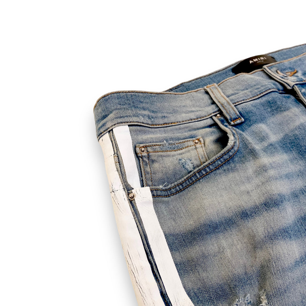 AMIRI DISTRESSED WHITE STRIPE JEANS BLUE 34W
