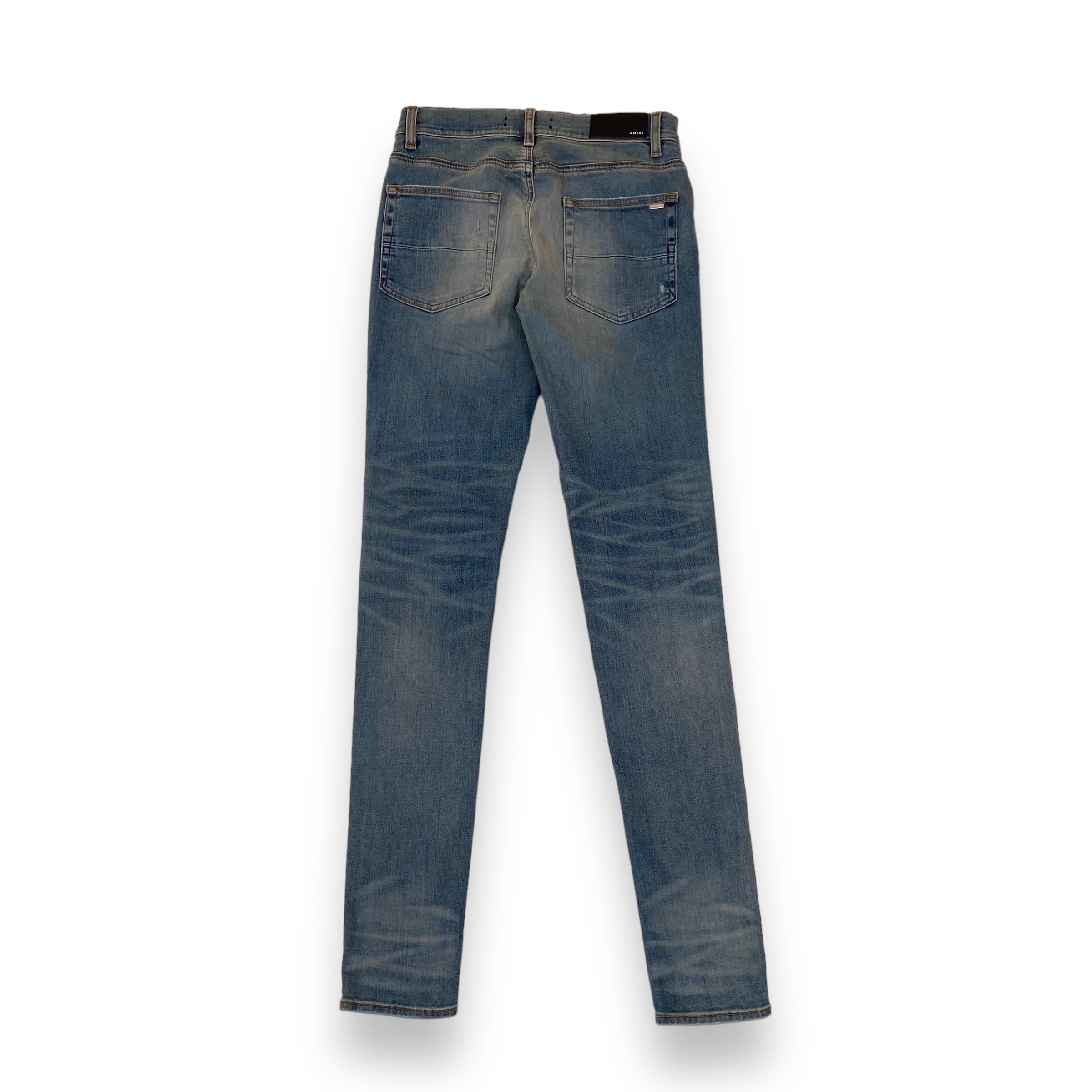AMIRI DISTRESSED LEATHER PATCH DENIM JEANS BLUE 31W